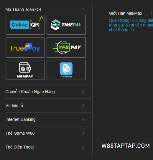 Đa dạng phương thức nạp tiền W88